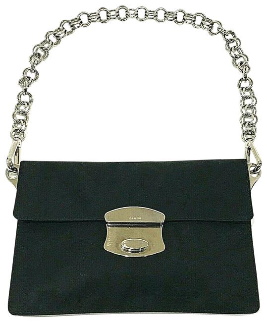 Prada Double Vintage Clasp On Link Silver Chain Nero Black Nylon Clutch