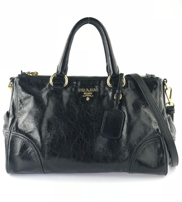 Prada Double Zip Vitello Shine Black Leather Satchel