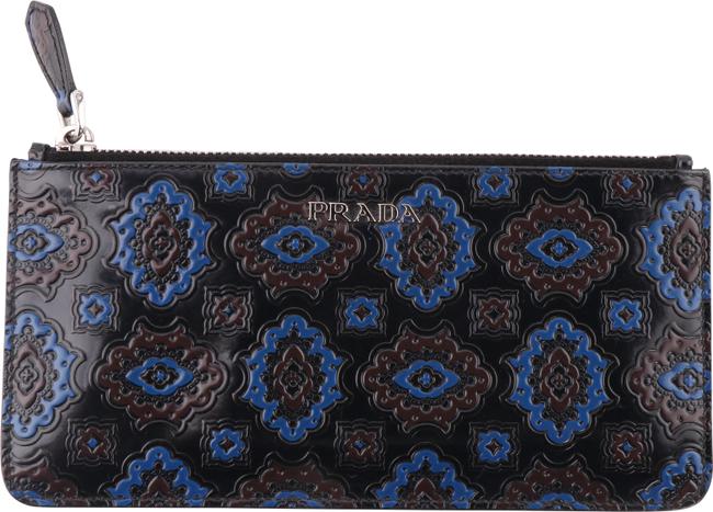 Prada Embossed Flower Zippy Pouch BlackBlueBrown Patent Leather Clutch