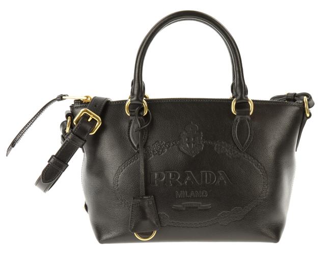 Prada Embossed Logo Black Leather Satchel