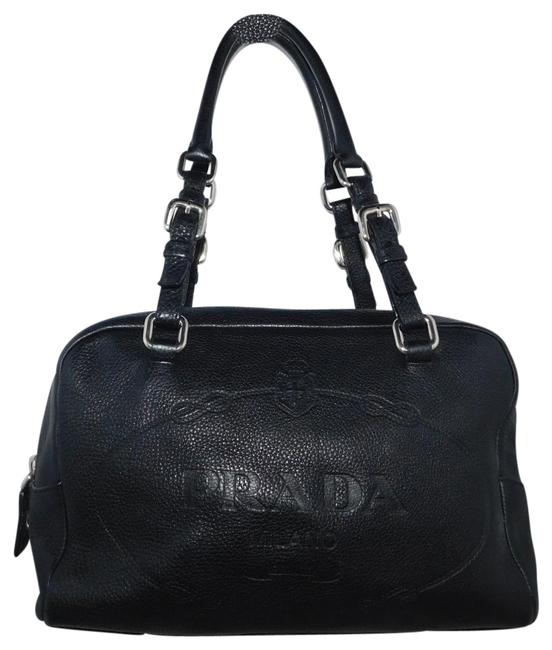 Prada Embossed Logo Bowler Pebbled Black Leather Satchel