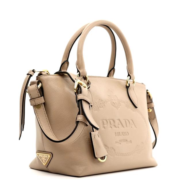 Prada Embossed Logo Convertible Beige Leather Satchel