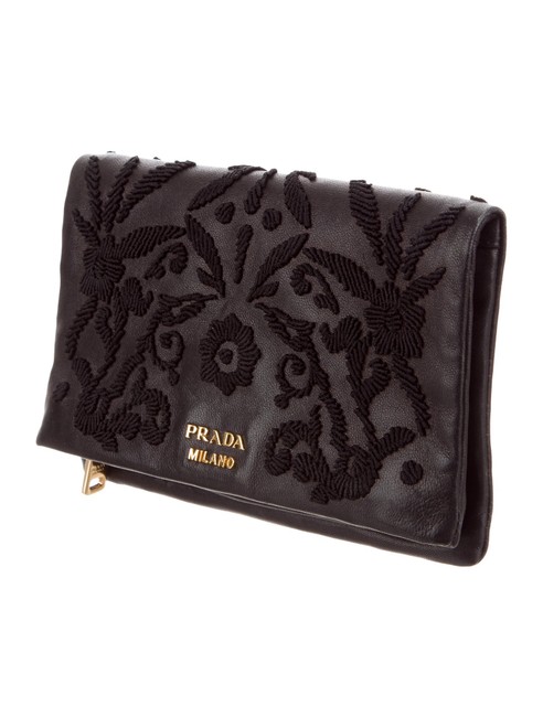 Prada Embroidered Fold over Black Leather Clutch