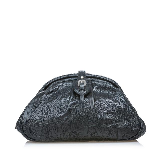 Prada Embroidered Italy Dust Small Black Leather Clutch