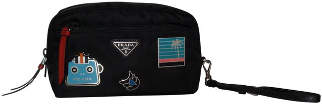 Prada Enamel Badge Robot Pouch Purse Black Nylon Clutch