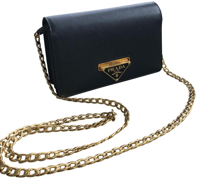 Prada Evening Black with Removable Gold Strap Leather Clutch