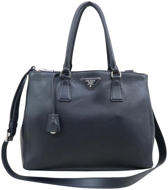 Prada Galleria Double Lux Medium Black Calfskin Leather Satchel