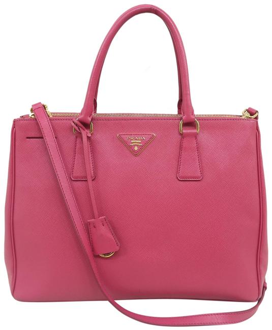 Prada Galleria Double Lux Medium Saffiano Rose Red Leather Satchel