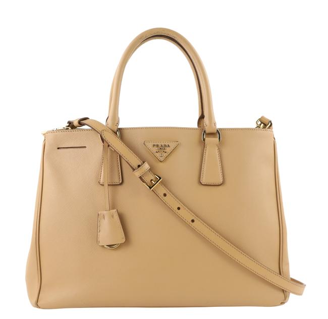 Prada Galleria Double Lux Saffiano Medium Zip Beige Leather Satchel