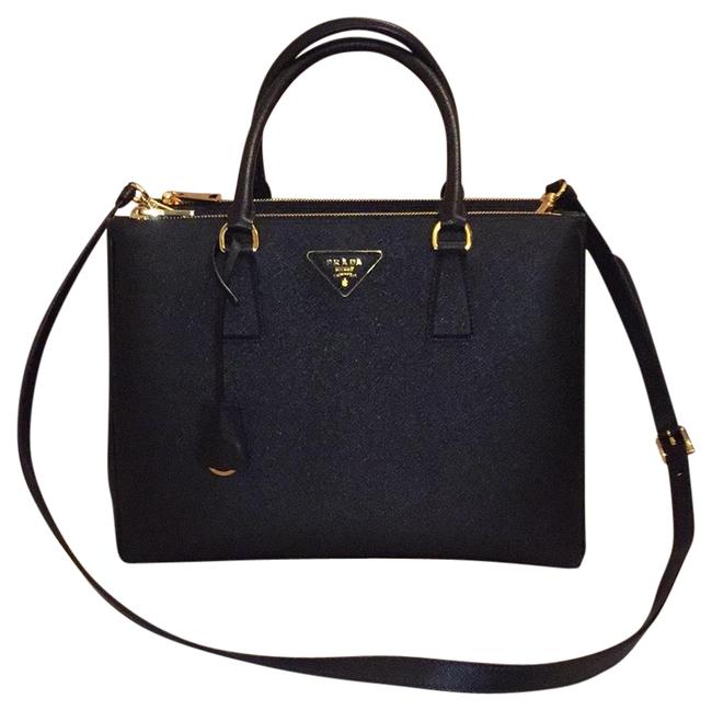 Prada Galleria Medium Saffiano Tote Black with Gold Hardware Leather Satchel