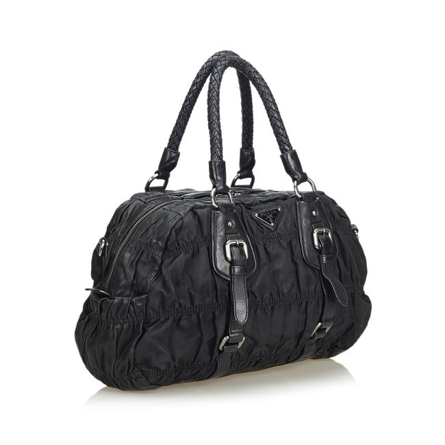 Prada Gathered Nylon Black Leather Satchel