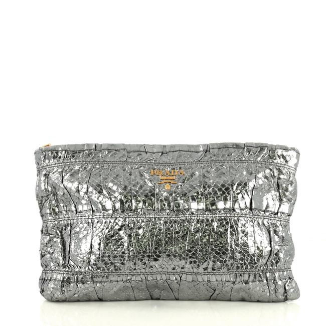 Prada Gaufre Metallic Silver Python Skin Leather Clutch