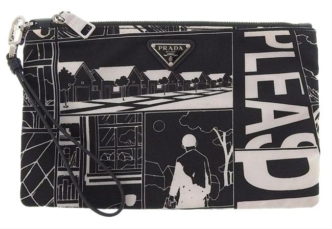 Prada Genuine Pouch Tessuto Comics 2nh004 Leather Black  White Nylon Clutch
