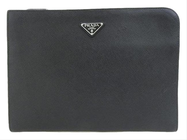 Prada Genuine Silver Hardware Leather Black Saffiano Triangle Clutch