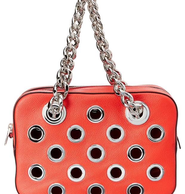 Prada Shoulder Bag Grommet Chain Red Calf Leather Satchel
