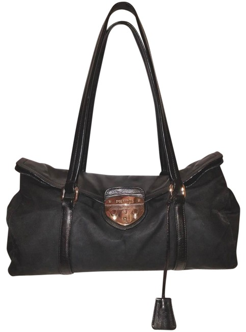 Prada Handbag Flap Cover Key Lock Close Black Leather and Nylon Hobo Bag