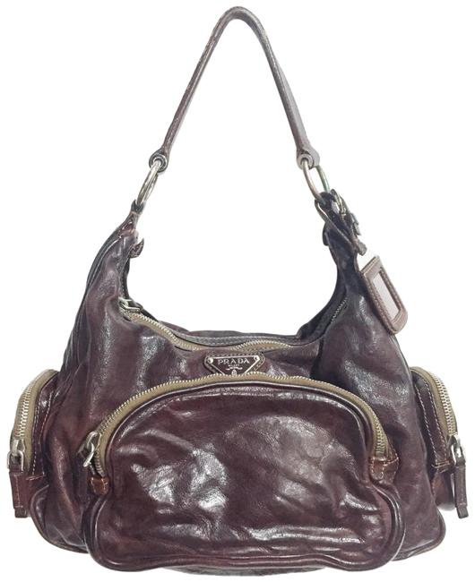 Prada Handbag Full Triangle Brown Leather Hobo Bag