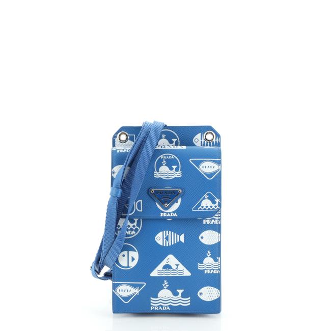 Prada Id Tag Lanyard Printed Saffiano Blue Leather Clutch