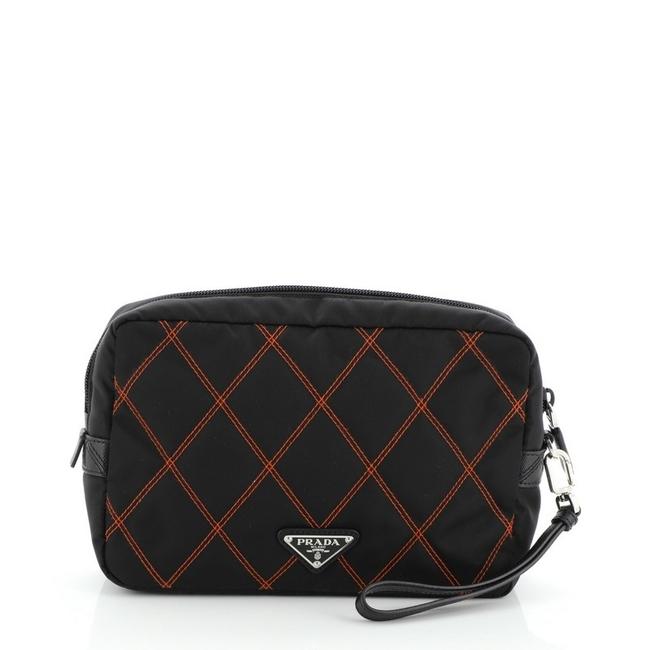 Prada Impunto Wristlet Pouch Quilted Tessuto Small Black Orange Nylon Clutch