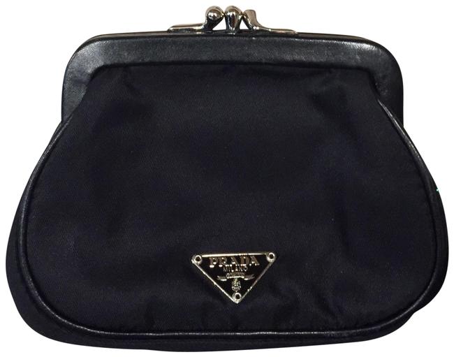Prada Kiss Lock Coin Purse Black Calfskin Leather  Nylon Clutch