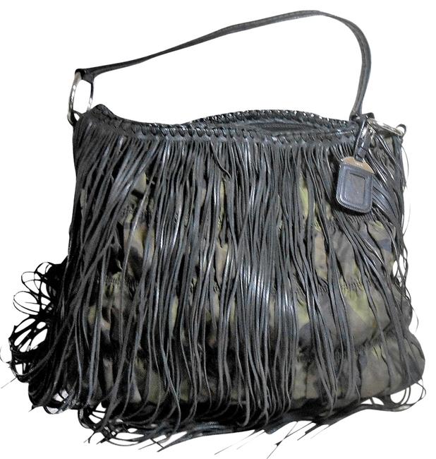 Prada Nylon with Lambskin Fringe Black LeatherCamofladge Microfiber Hobo Bag