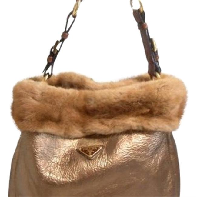 Prada Lambskin Shearling Mink Trimmed Tote. Bronze Sheepskin Leather Satchel