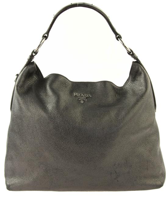 Prada Large Metallic Charcoal Gray Leather Hobo Bag