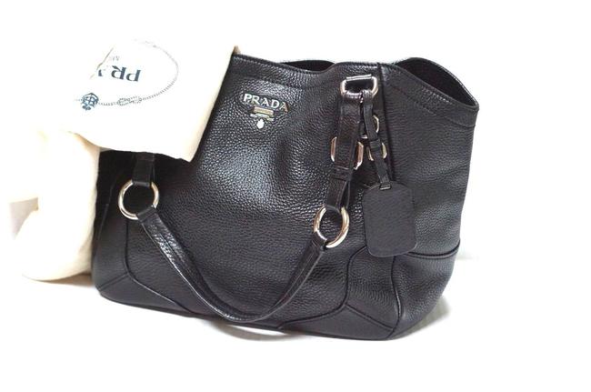 Prada W Large Purse Handbag WSilver Buckle Zipper Black Leather Satchel