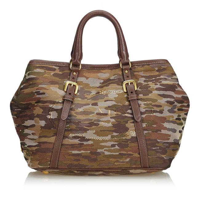 Prada Logo Canvas Brown Leather Satchel