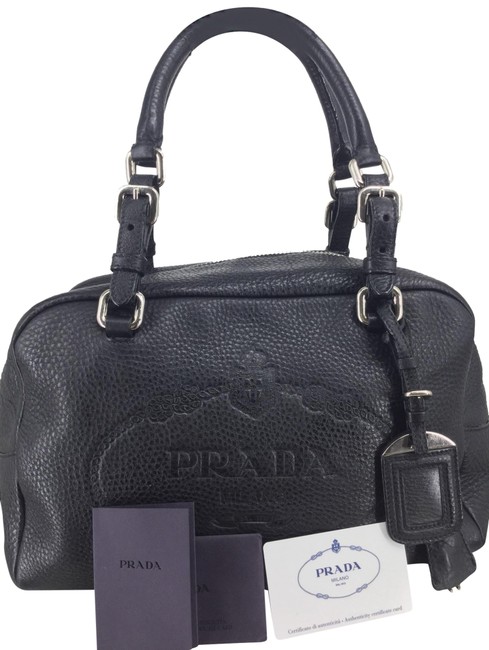 Prada Logo Handbag Black Leather Satchel