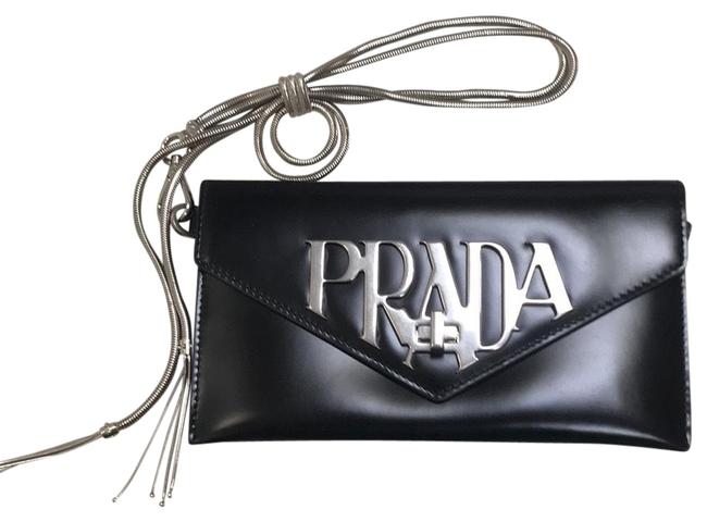 Prada Logo Liberty Wristlet. 1mf175 Black Spazzolato Leather Clutch