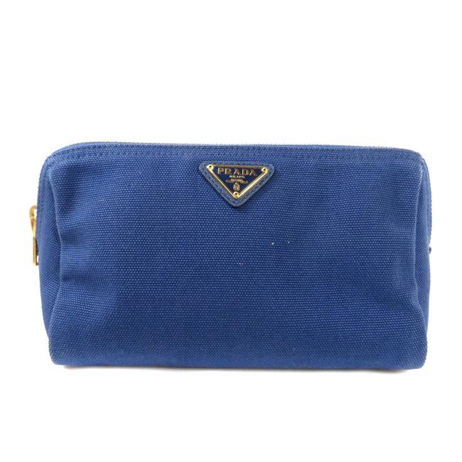Prada Logo Plate Makeup Pouch Ladies Blue Canvas Clutch