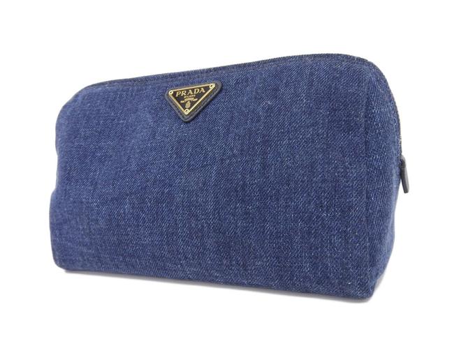 Prada Logo Plate Pouch Accessory Case Dark Blue 20180511 Navy Denim Clutch