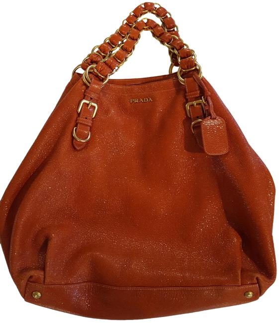 Prada Lux Chain Handbag Orange Cervo Leather Satchel