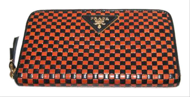 Prada Madras Woven BlackBrown Leather Clutch