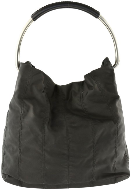 Prada Metal Handle Tessuto Black Canvas Hobo Bag