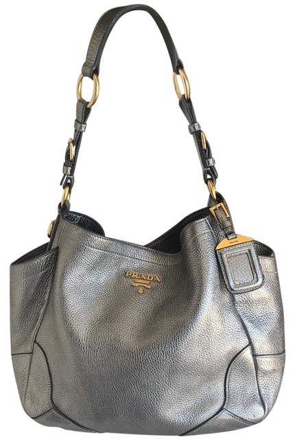 Prada Shoulder Metallic Pewter Pebbled LeatherGold Tone Brass Hobo Bag
