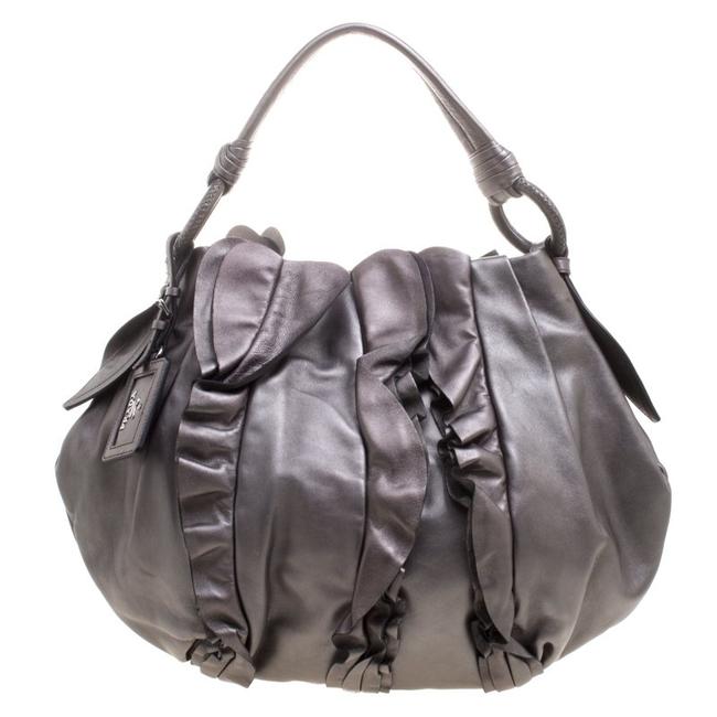 Prada Metallic Ruffle Grey Leather Hobo Bag