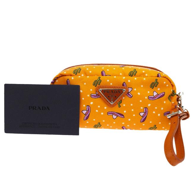 Prada Milano Logo Mini Pouch Parse Orange Nylon Leather Clutch