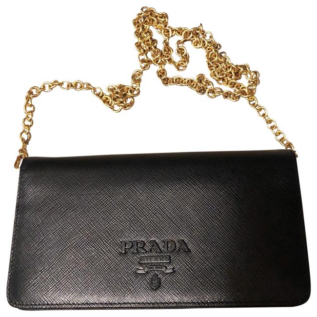 Prada Monochrome Wallet On A Chain Black Saffiano Leather Clutch