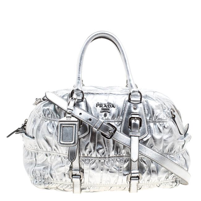 Prada Bowling Bag Nappa Gaufre Silver Leather  Nylon Satchel