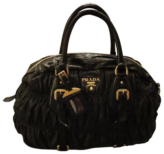Prada Nappa Gaufre Gathered Bowler Black Leather Satchel