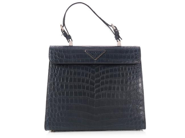 Prada Navy Blue Crocodile Skin Leather Satchel