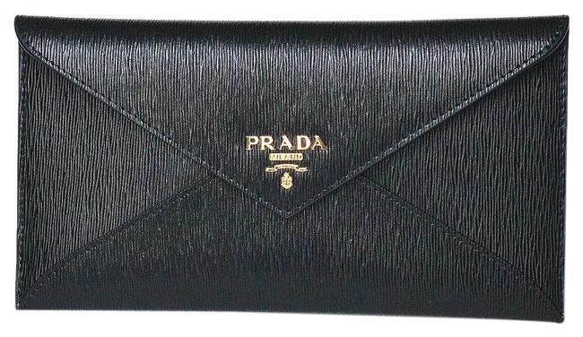 Prada New Envelope Textured Black Calfskin Leather Clutch