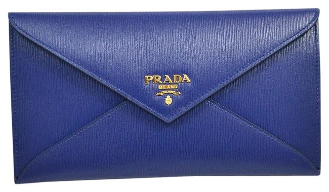 Prada New Envelope Textured Blue Calfskin Leather Clutch