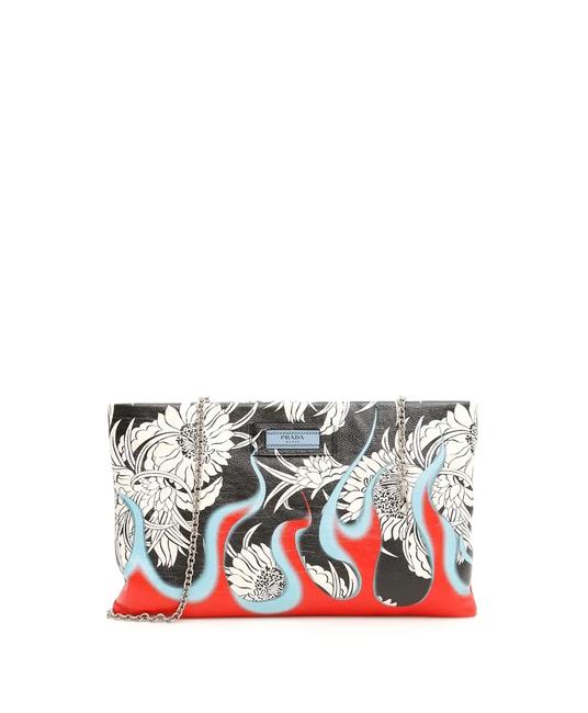 Prada New Flames and Dahlia Red Black Leather Clutch