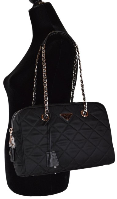 Prada New Quilted Tessuto Impuntu Chain Handbag Black Nylon Satchel