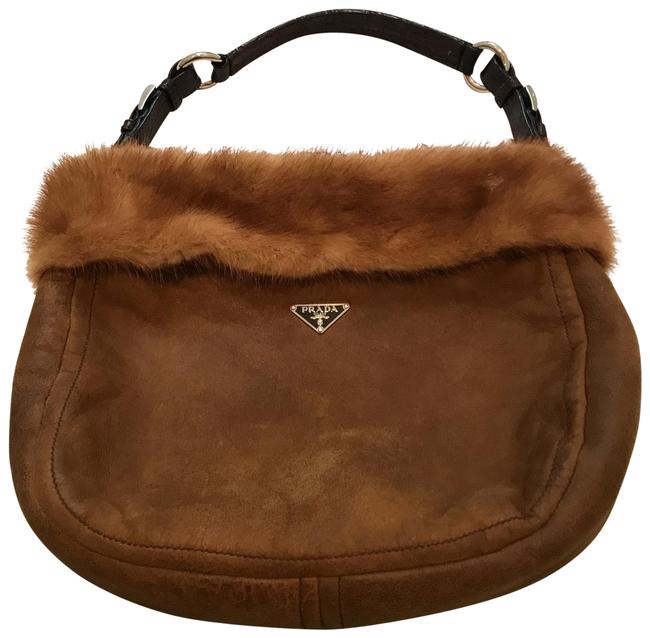 Prada Shoulder Nubuck with Mink Trim Brown Leather Hobo Bag