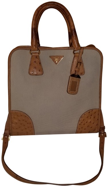 Prada Ostrich Trim Brown Beige Leather Canvas Satchel