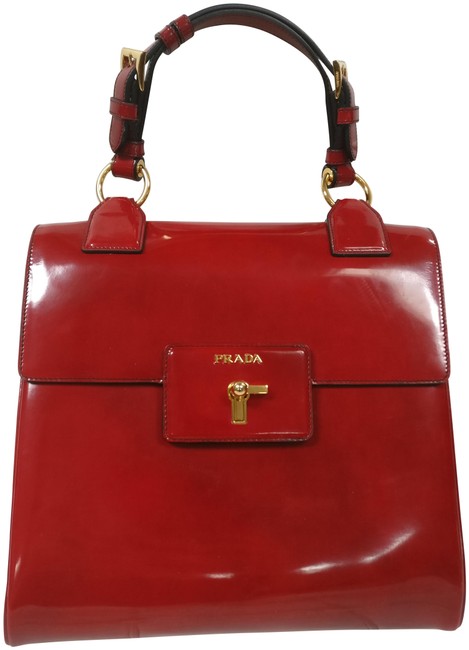 Prada Tote Bag Patent Turn Lock Red Leather Satchel